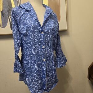 Blue Printed Button-Front Women's Top